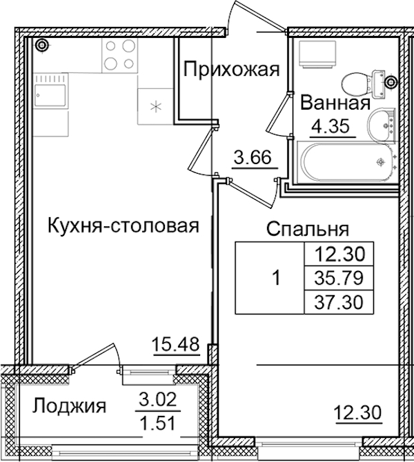 1-комнатная квартира 37.3 м², 2/9 эт., ЖК «Квартал Заречье»